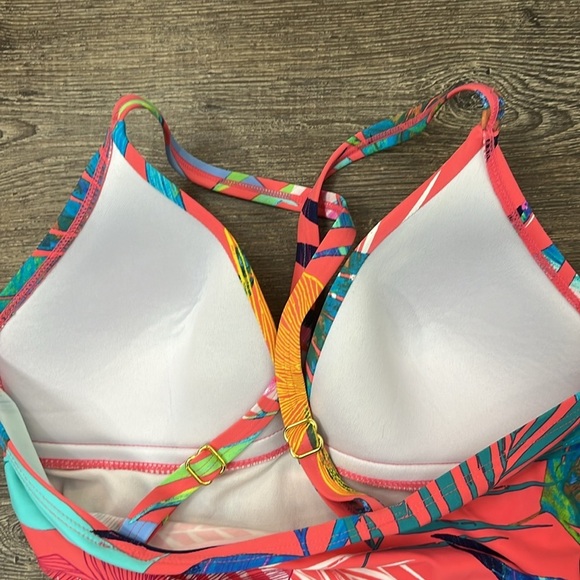 Apt 9 Tropical Leaf Coral Multi Criss Cross Surplice Tankini Swimsuit Top Size S - Picture 6 of 8